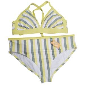 Kona Sol Bikini Womens 2X Yellow Two Piece Striped High Waist Swim Boho Neutral